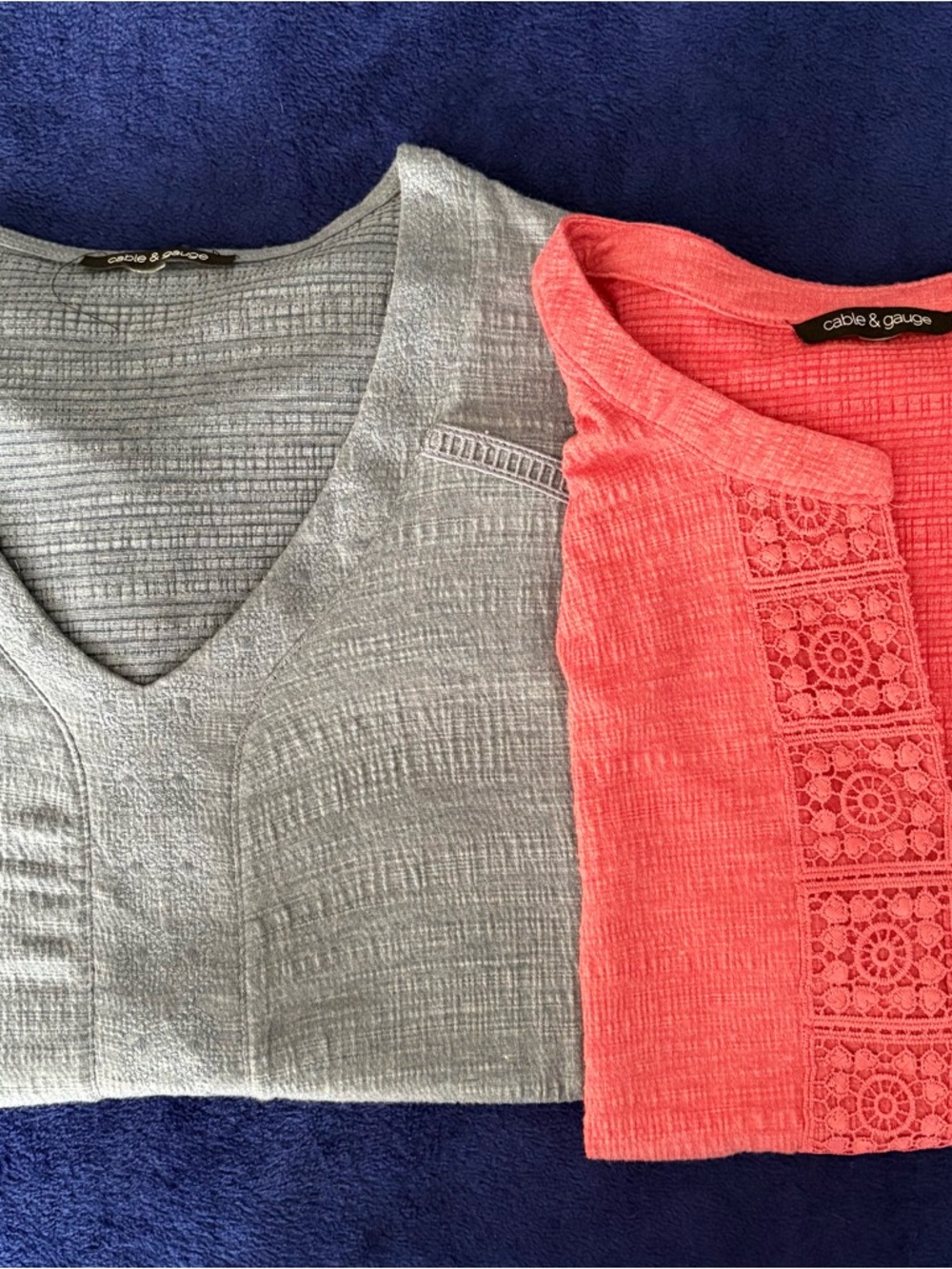 Cable & Gauge Coral and Light Blue V-Neck tops with Lace Detail
